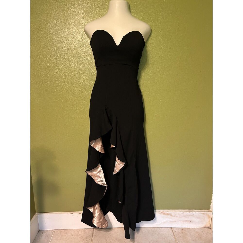 Whimsigoth Formal Black Strapless Slit Satin Ruffle Prom Evening Gown Dress 3